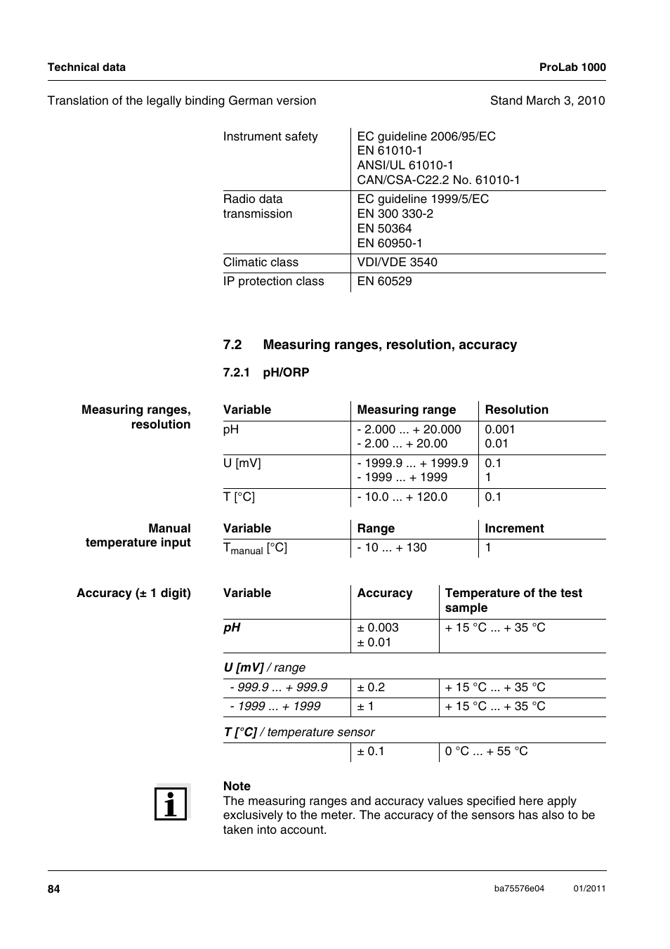 2 measuring ranges, resolution, accuracy, 1 ph/orp, Measuring ranges, resolution, accuracy 7.2.1 | Ph/orp | Xylem ProLab 1000 BENCH TOP pH METER User Manual | Page 84 / 103