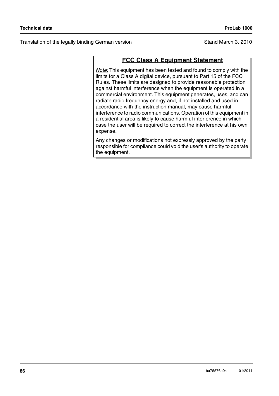 Fcc class a equipment statement | Xylem ProLab 1000 BENCH TOP pH METER User Manual | Page 86 / 103