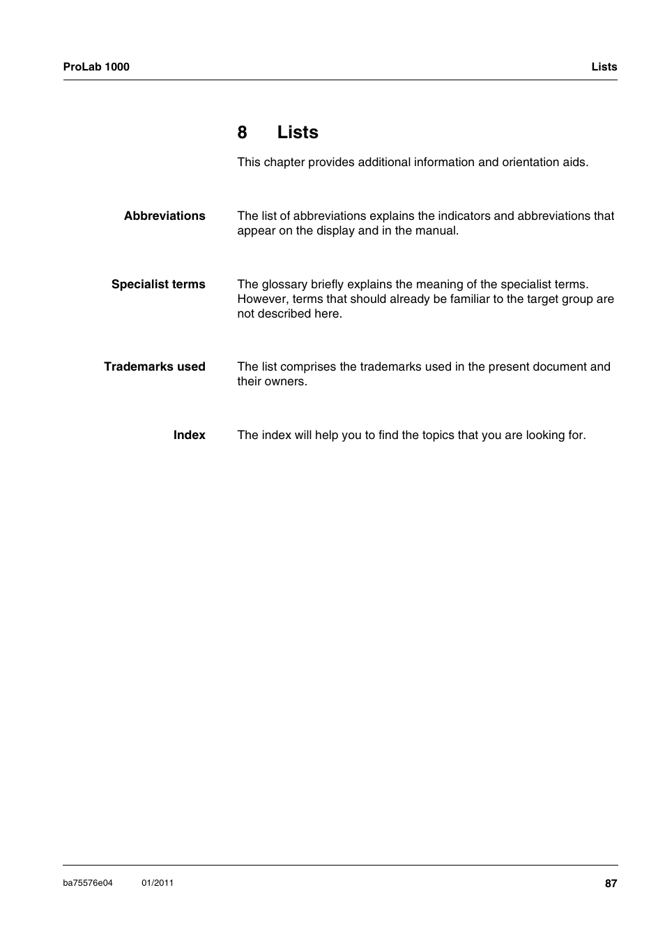 8 lists, Lists, 8lists | Xylem ProLab 1000 BENCH TOP pH METER User Manual | Page 87 / 103