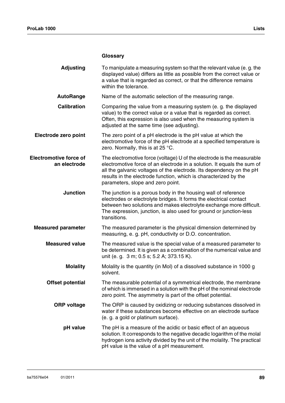 Xylem ProLab 1000 BENCH TOP pH METER User Manual | Page 89 / 103