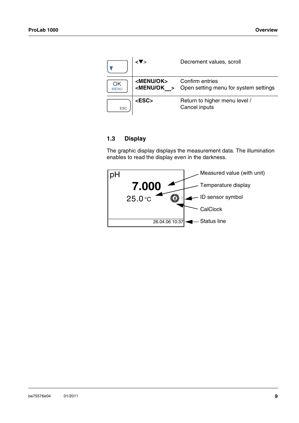 3 display, Display | Xylem ProLab 1000 BENCH TOP pH METER User Manual | Page 9 / 103