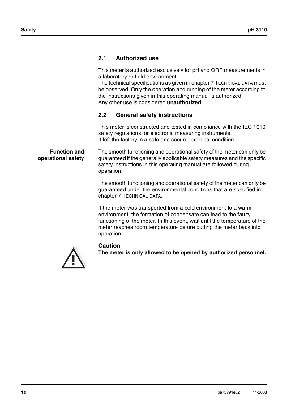 1 authorized use, 2 general safety instructions, Authorized use | General safety instructions | Xylem PH3110 FIELD PH METER User Manual | Page 10 / 49