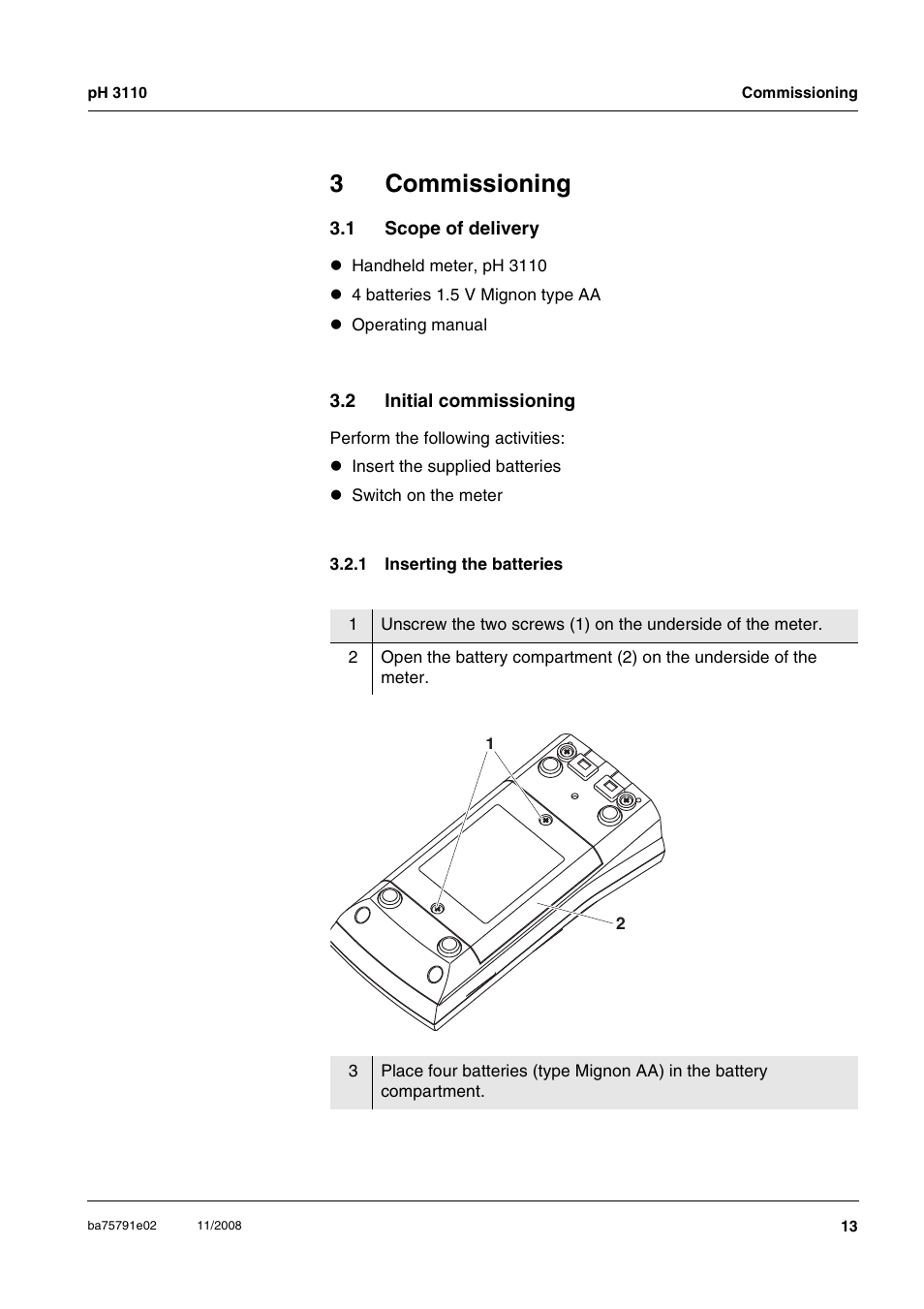 3 commissioning, 1 scope of delivery, 2 initial commissioning | 1 inserting the batteries, Commissioning, Scope of delivery, Initial commissioning 3.2.1, Inserting the batteries, 3commissioning | Xylem PH3110 FIELD PH METER User Manual | Page 13 / 49