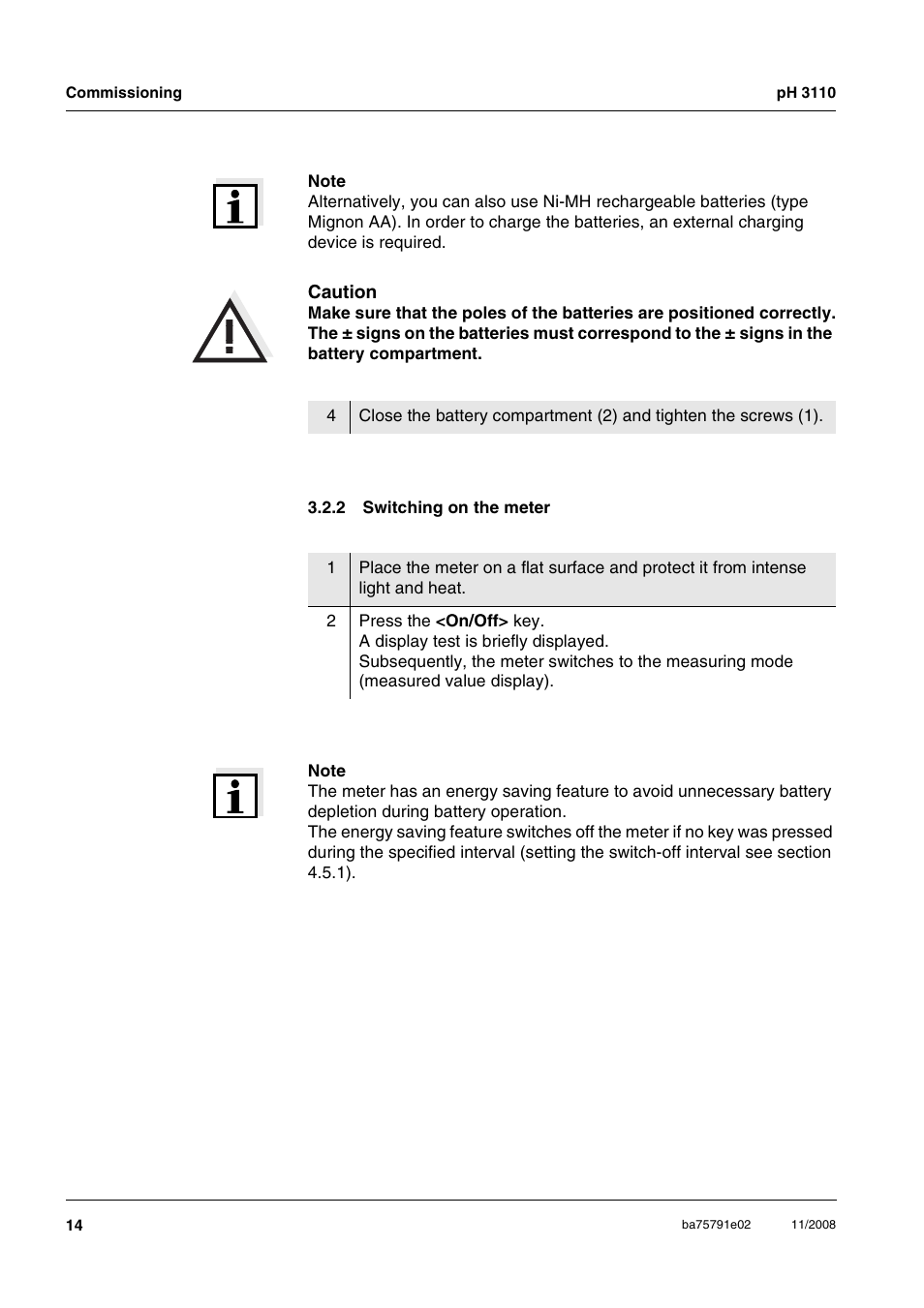 2 switching on the meter, Switching on the meter | Xylem PH3110 FIELD PH METER User Manual | Page 14 / 49