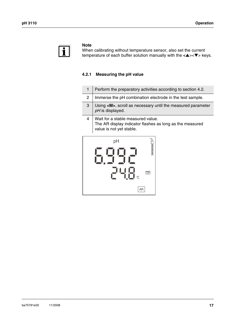 1 measuring the ph value, Measuring the ph value | Xylem PH3110 FIELD PH METER User Manual | Page 17 / 49