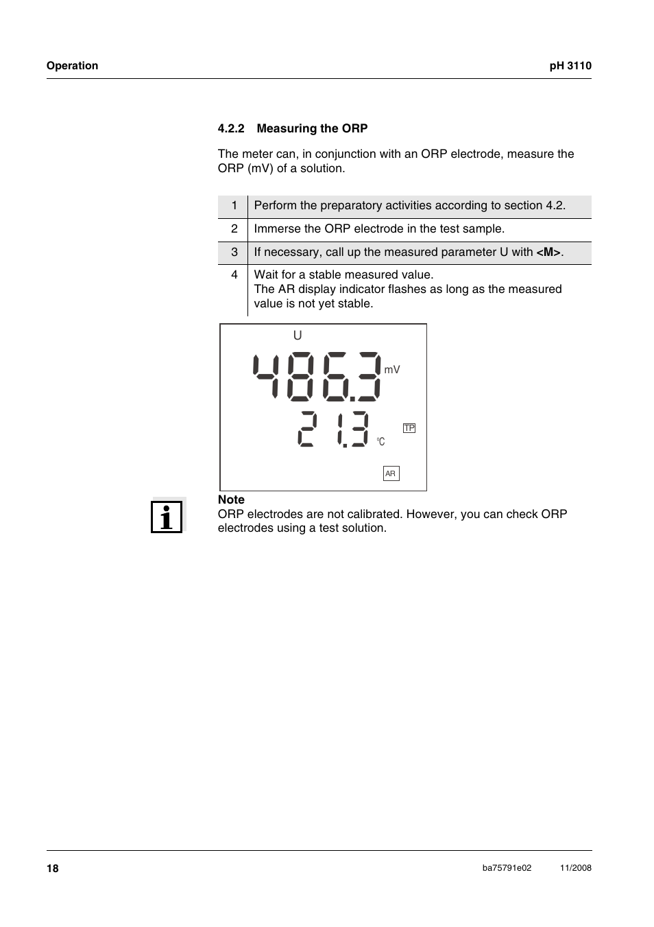 2 measuring the orp, Measuring the orp | Xylem PH3110 FIELD PH METER User Manual | Page 18 / 49