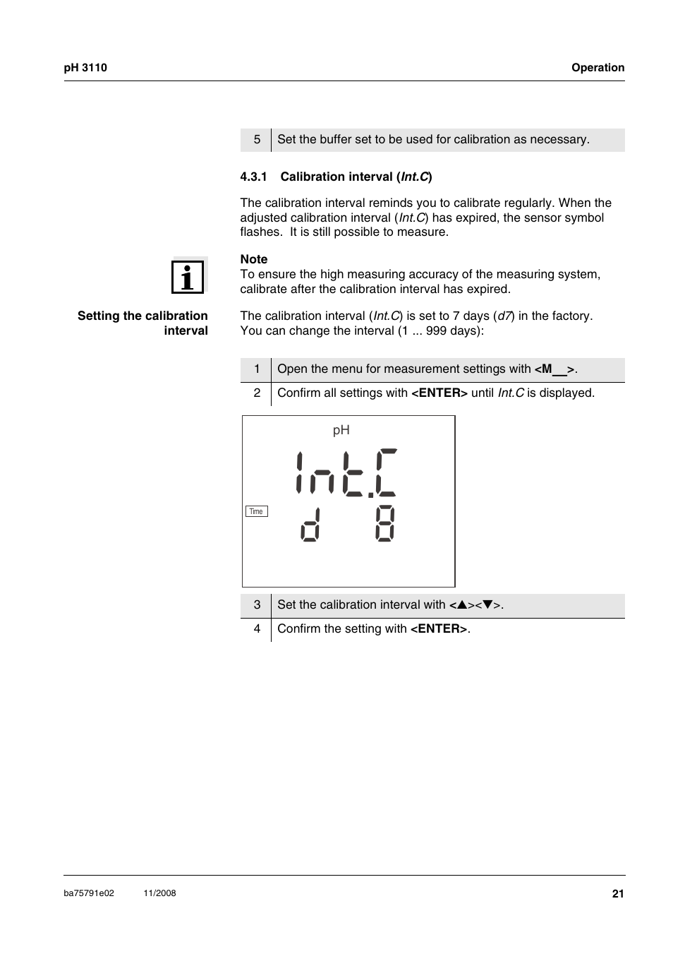 1 calibration interval (int.c), Calibration interval ( int, Ct n 1 | Xylem PH3110 FIELD PH METER User Manual | Page 21 / 49