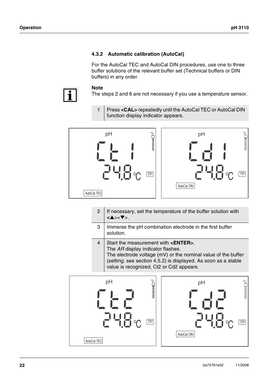 2 automatic calibration (autocal), Automatic calibration (autocal), 1t c | Id c, 2t c, 2d c | Xylem PH3110 FIELD PH METER User Manual | Page 22 / 49