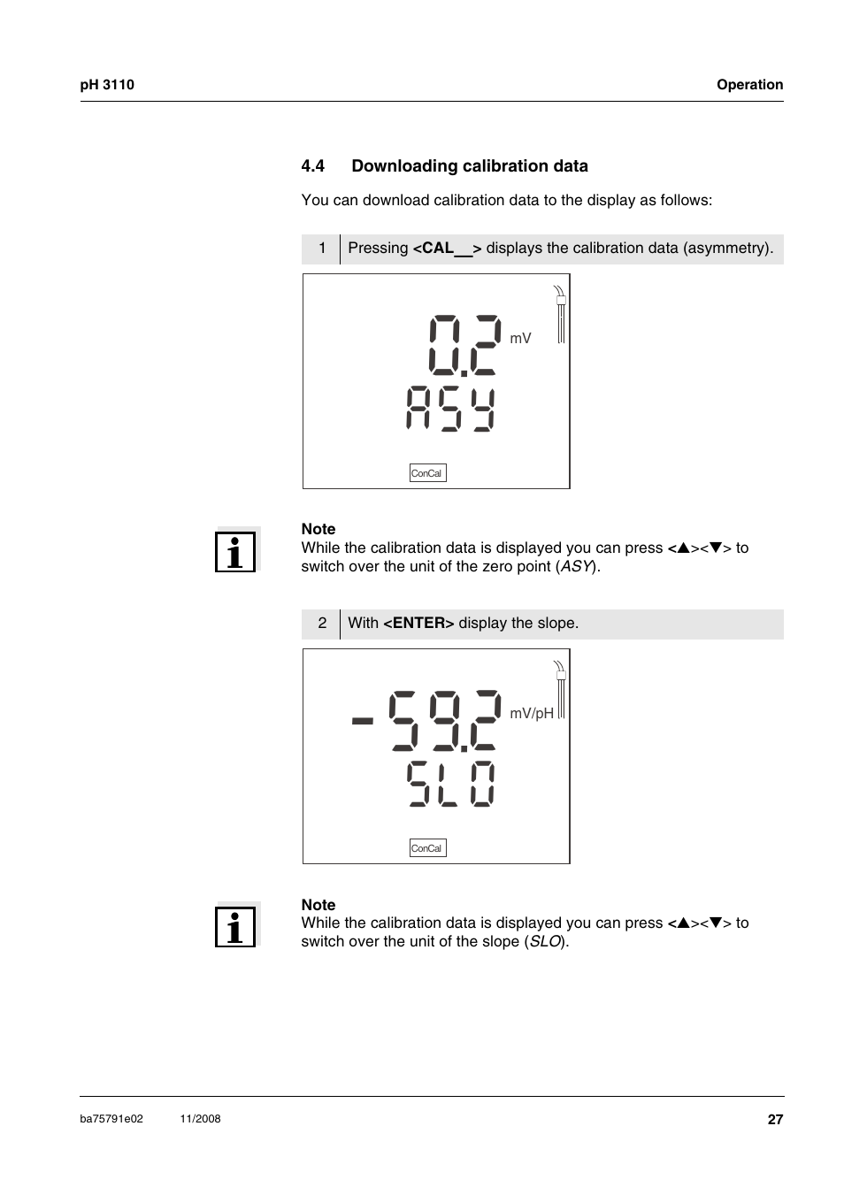 4 downloading calibration data, Downloading calibration data, Ee section 4.4) | Ys a, Ol s | Xylem PH3110 FIELD PH METER User Manual | Page 27 / 49
