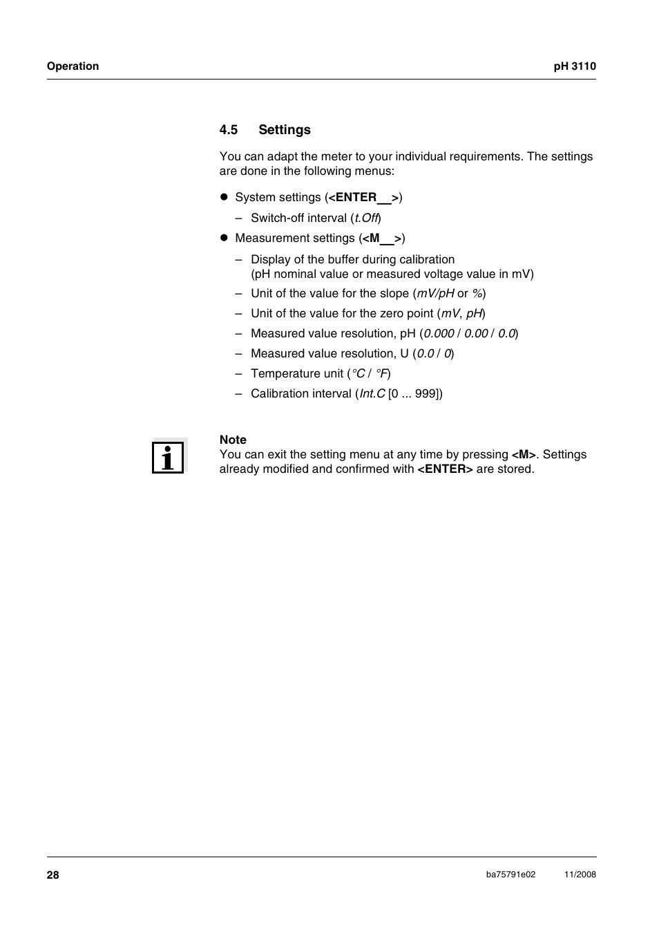 5 settings, Settings | Xylem PH3110 FIELD PH METER User Manual | Page 28 / 49