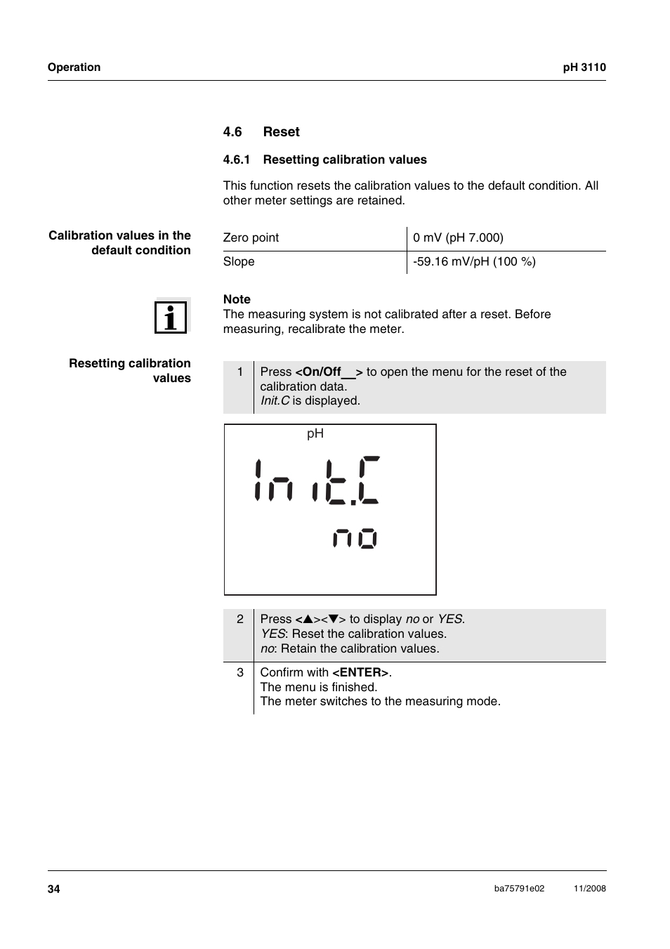 6 reset, 1 resetting calibration values, Reset 4.6.1 | Resetting calibration values | Xylem PH3110 FIELD PH METER User Manual | Page 34 / 49