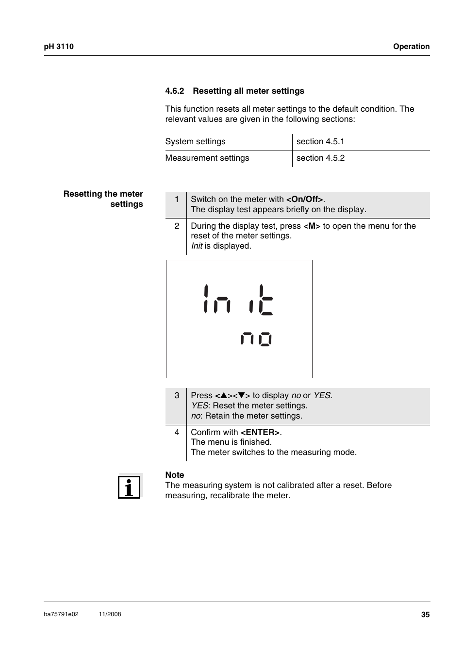 2 resetting all meter settings, Resetting all meter settings, Ti n i | Xylem PH3110 FIELD PH METER User Manual | Page 35 / 49