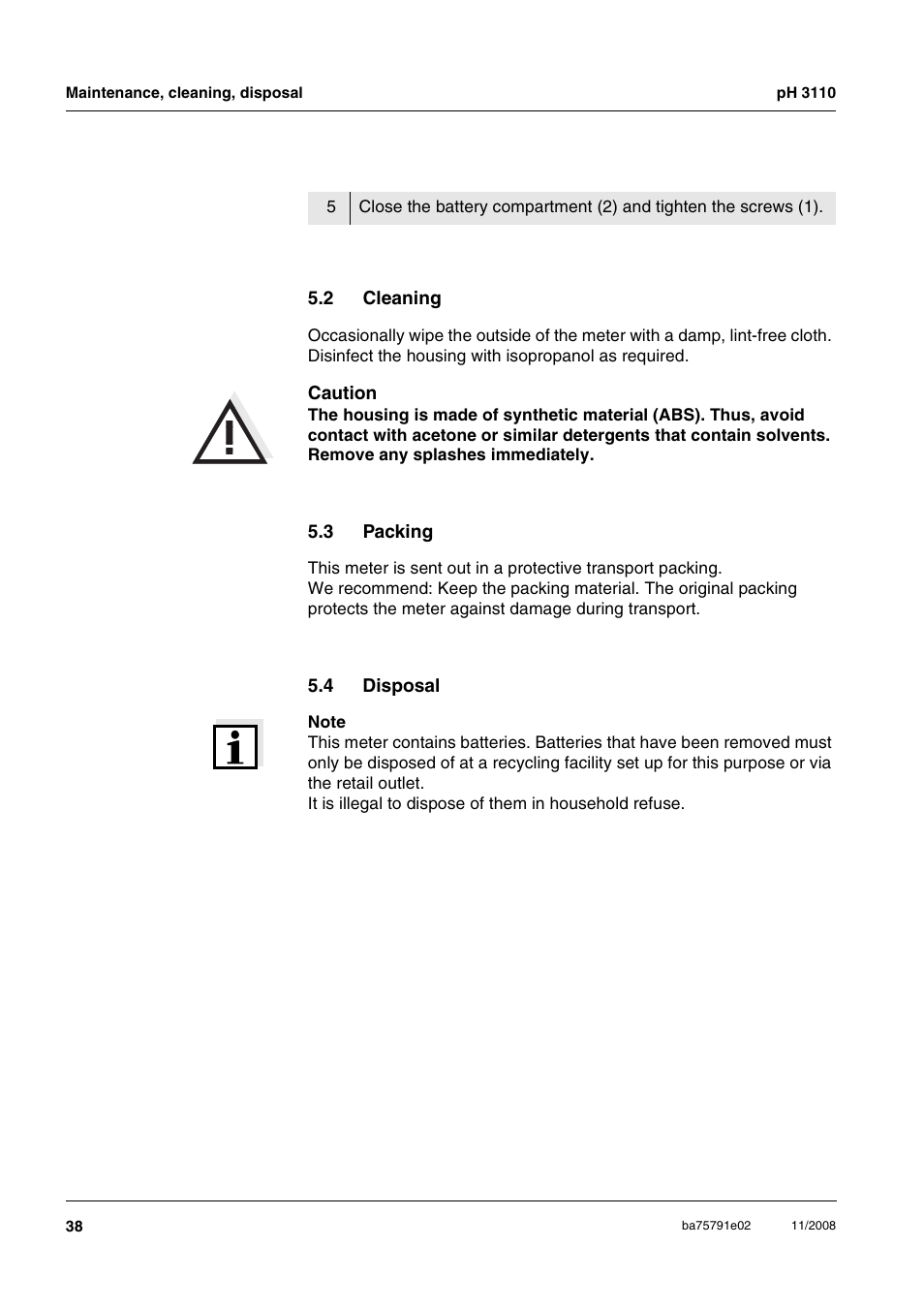2 cleaning, 3 packing, 4 disposal | Cleaning, Packing, Disposal | Xylem PH3110 FIELD PH METER User Manual | Page 38 / 49