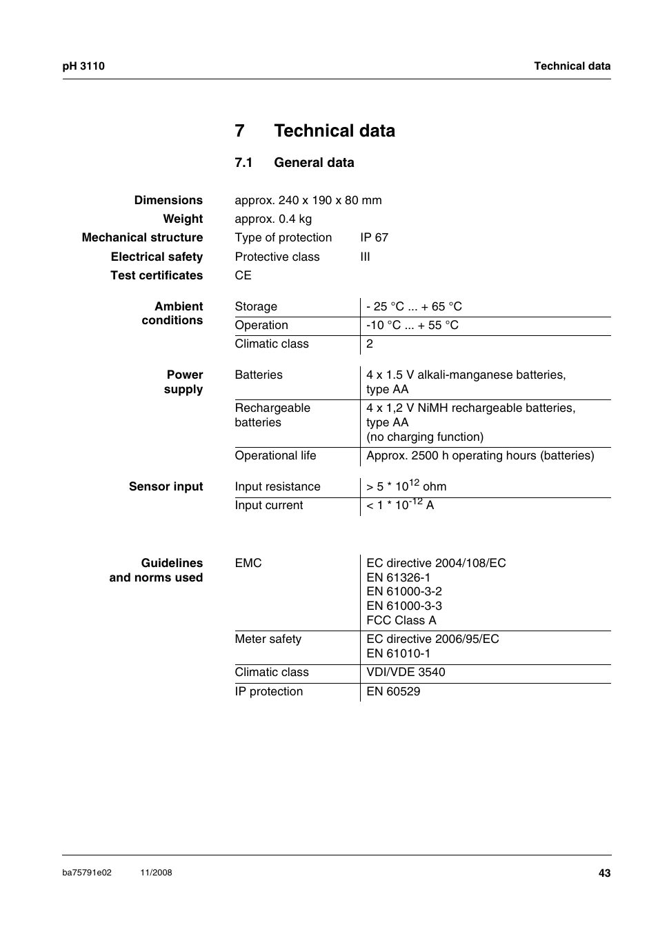 7 technical data, 1 general data, Technical data | General data, Chapter 7 t, Echnical, Data, 7technical data | Xylem PH3110 FIELD PH METER User Manual | Page 43 / 49