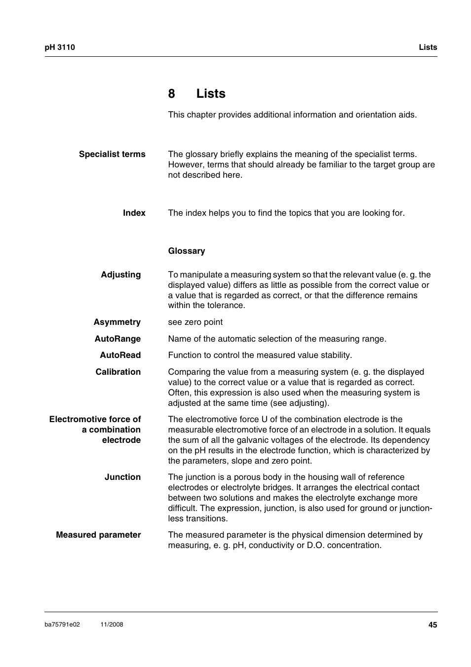 8 lists, Lists, 8lists | Xylem PH3110 FIELD PH METER User Manual | Page 45 / 49