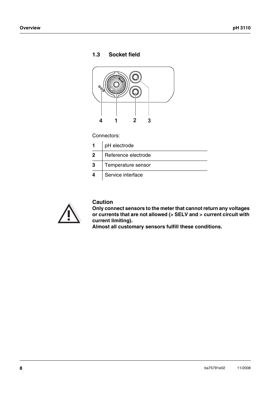 3 socket field, Socket field | Xylem PH3110 FIELD PH METER User Manual | Page 8 / 49