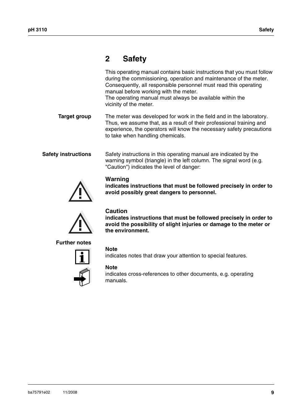 2 safety, Safety, 2safety | Xylem PH3110 FIELD PH METER User Manual | Page 9 / 49