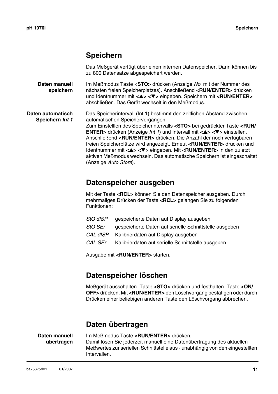 Speichern, Datenspeicher ausgeben, Datenspeicher löschen | Daten übertragen | Xylem PH1970i PORTABLE PH METER User Manual | Page 11 / 60