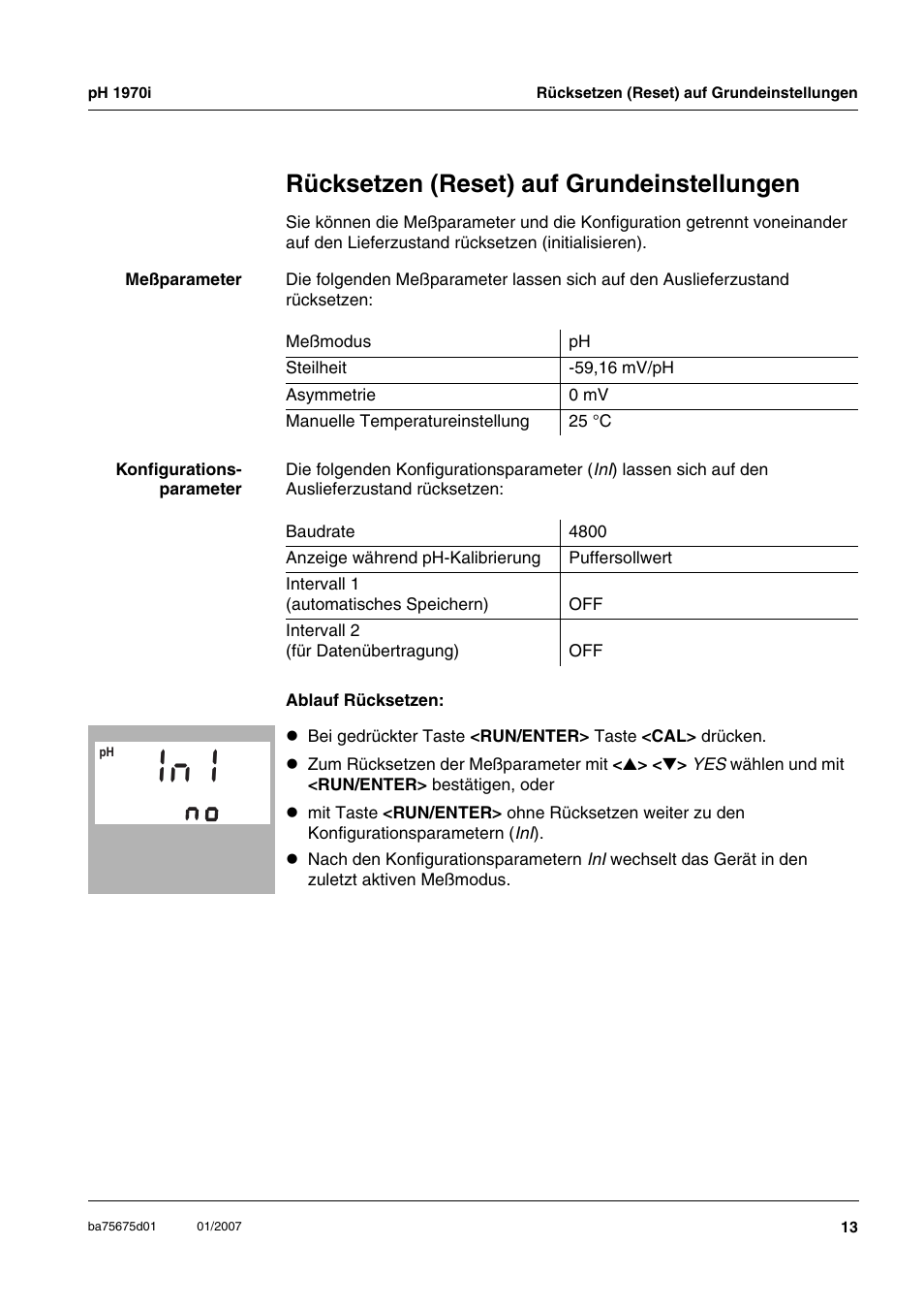 Rücksetzen (reset) auf grundeinstellungen | Xylem PH1970i PORTABLE PH METER User Manual | Page 13 / 60