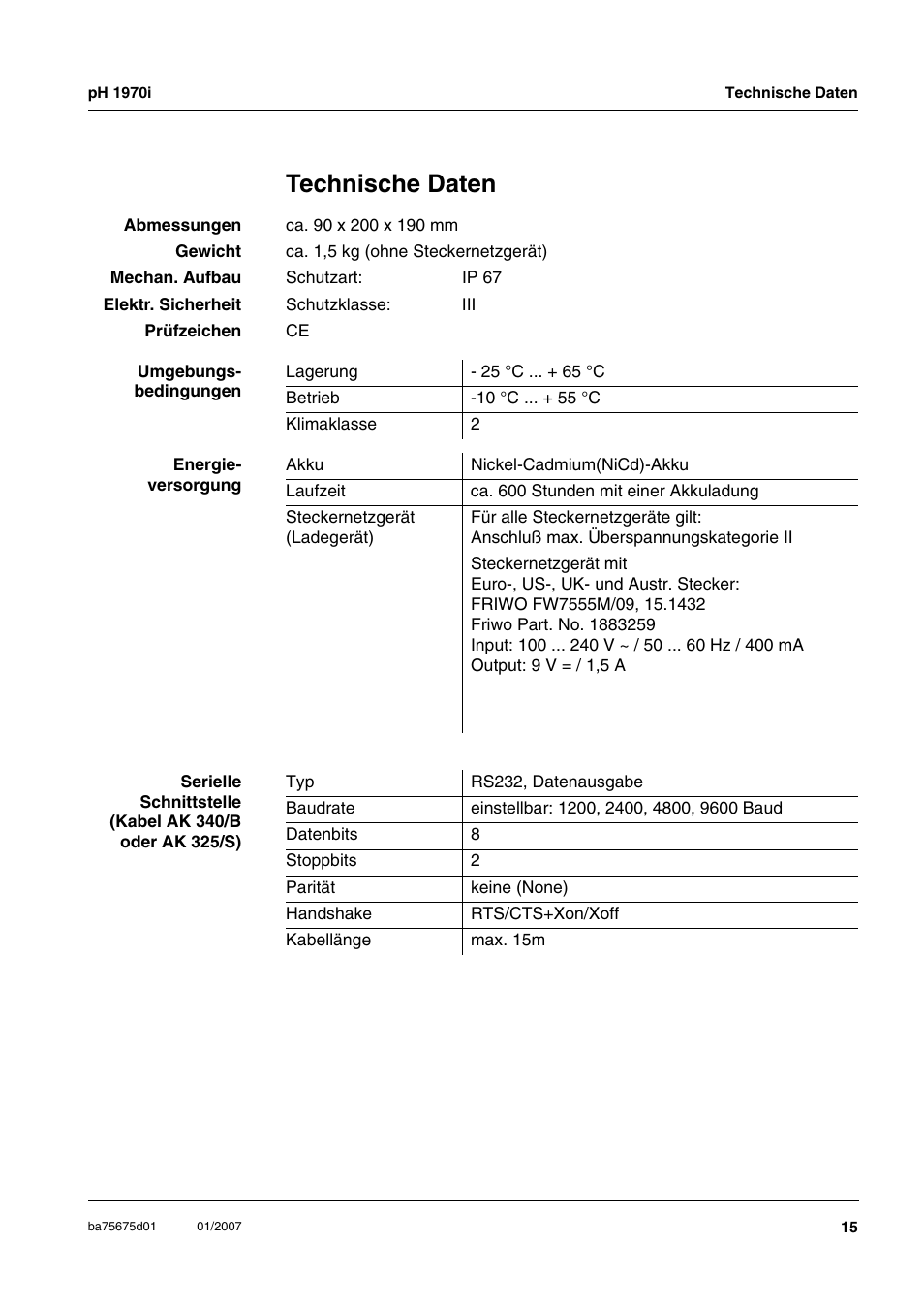 Technische daten | Xylem PH1970i PORTABLE PH METER User Manual | Page 15 / 60