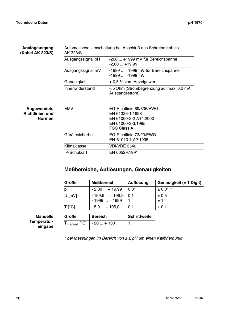 Meßbereiche, auflösungen, genauigkeiten | Xylem PH1970i PORTABLE PH METER User Manual | Page 16 / 60