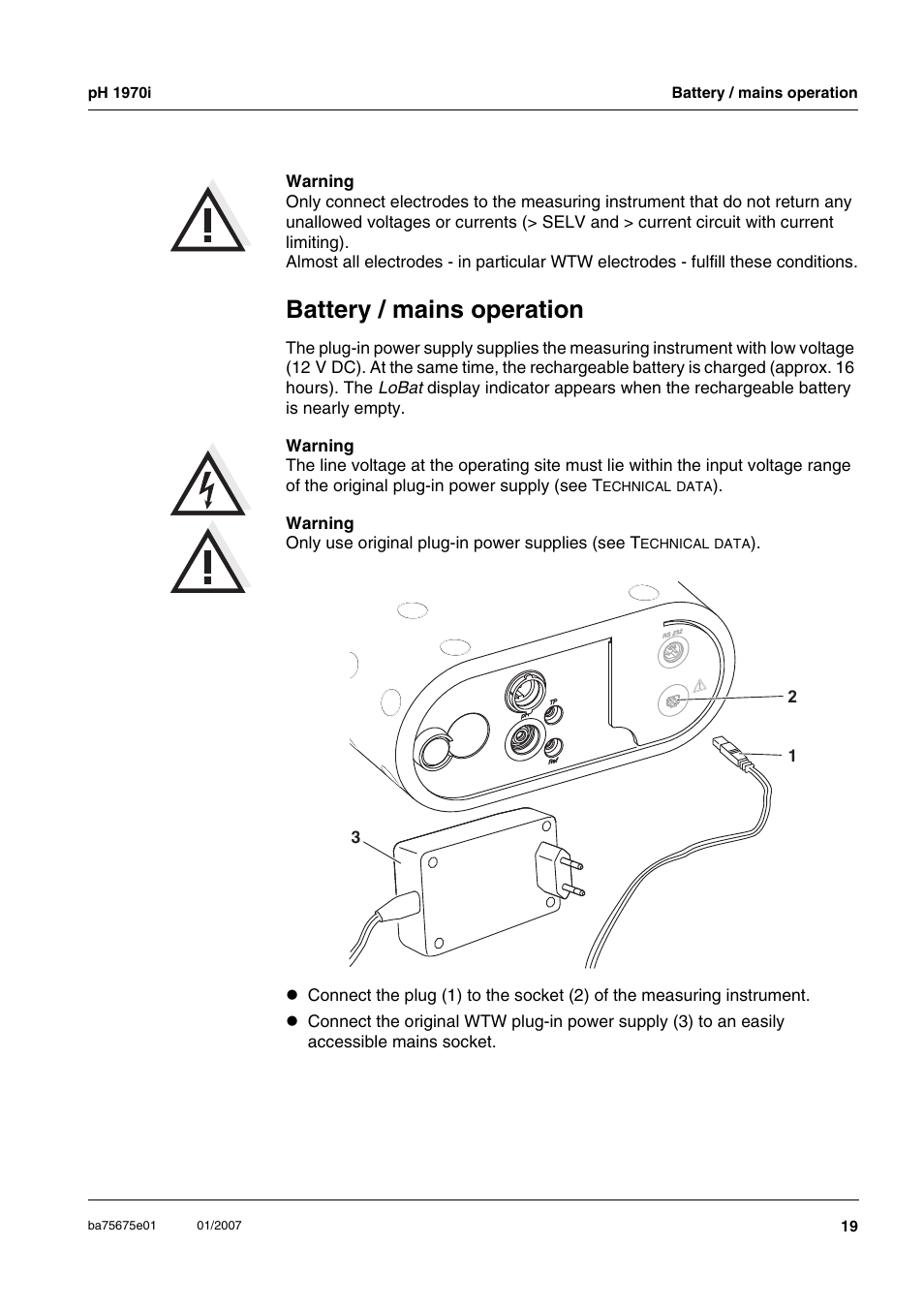 Battery / mains operation, Fonctionnement sur accu / sur le secteur, Batería recargable / conexión a la red | Xylem PH1970i PORTABLE PH METER User Manual | Page 19 / 60