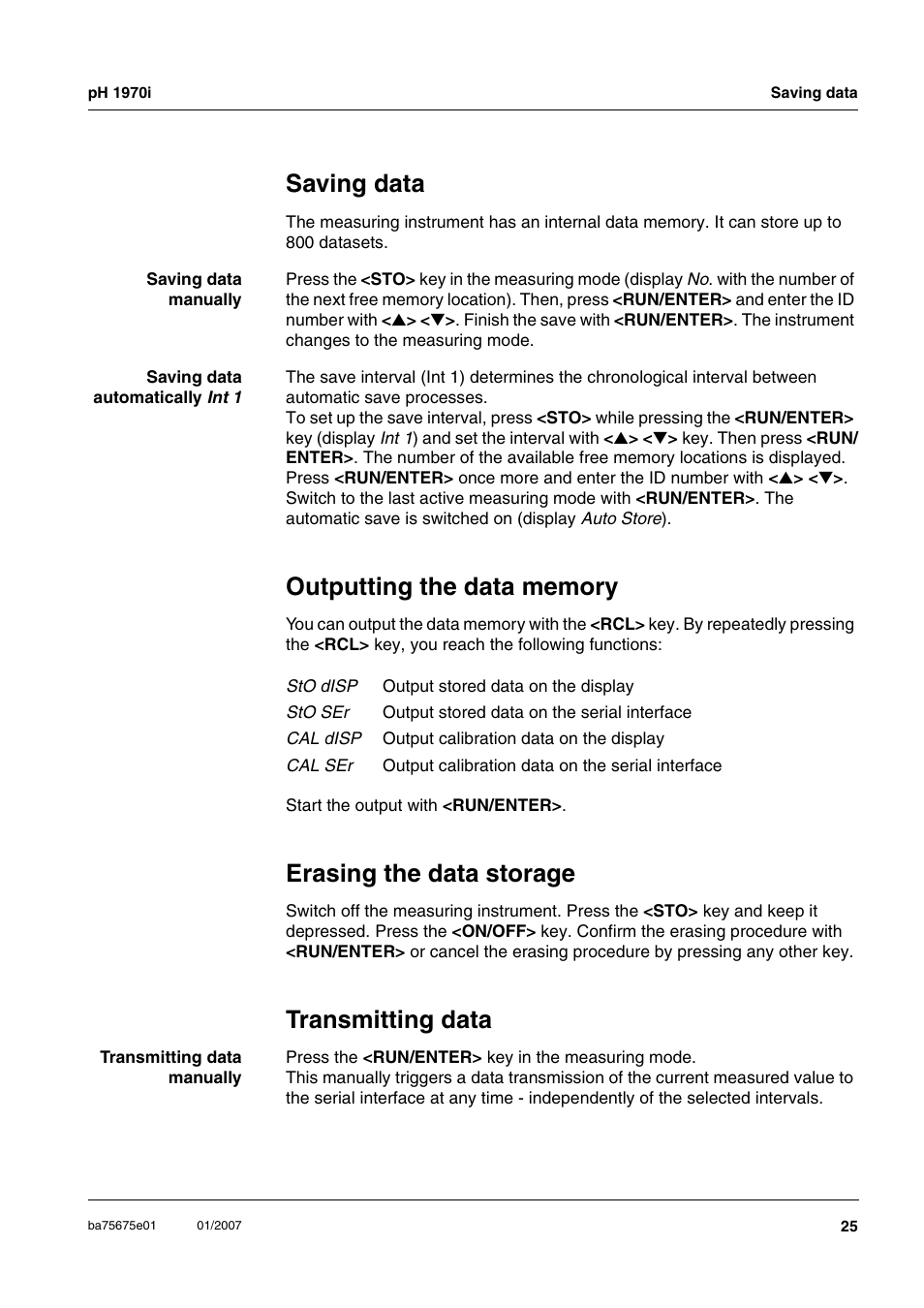 Saving data, Outputting the data memory, Erasing the data storage | Transmitting data, Enregistrement, Sortir la mémoire de données, Effacer la mémoire de données, Transmission de données, Archivar en memoria, Llamar los datos archivados en memoria | Xylem PH1970i PORTABLE PH METER User Manual | Page 25 / 60
