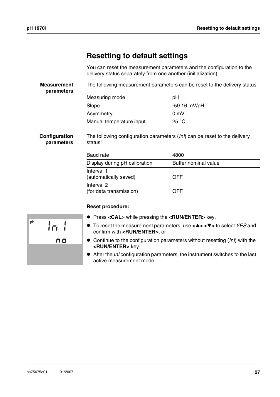 Resetting to default settings, Restaurer (reset) l'état initial, Reajustar al valor inicial (reset) | Xylem PH1970i PORTABLE PH METER User Manual | Page 27 / 60