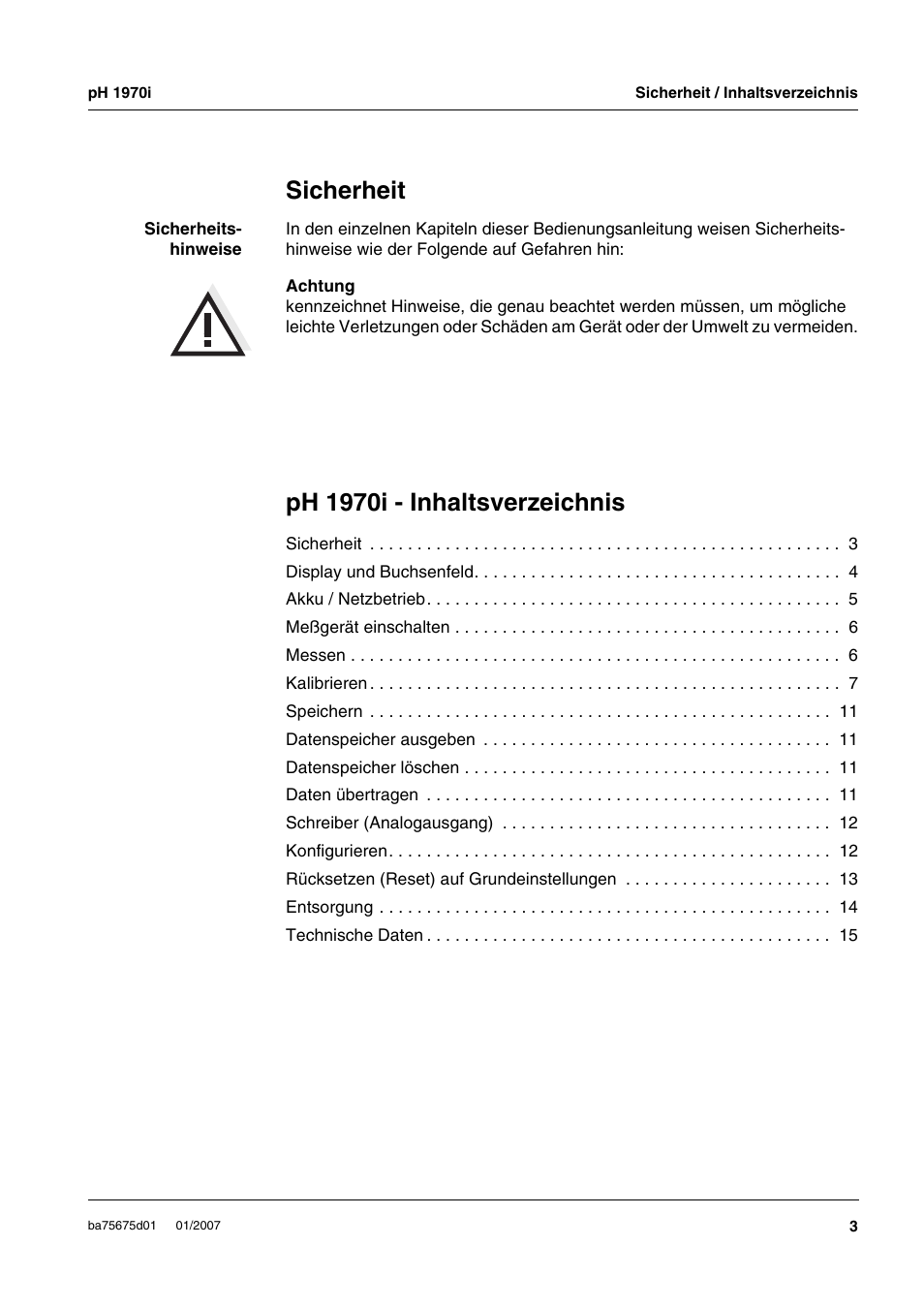 Sicherheit, Ph 1970i - inhaltsverzeichnis | Xylem PH1970i PORTABLE PH METER User Manual | Page 3 / 60