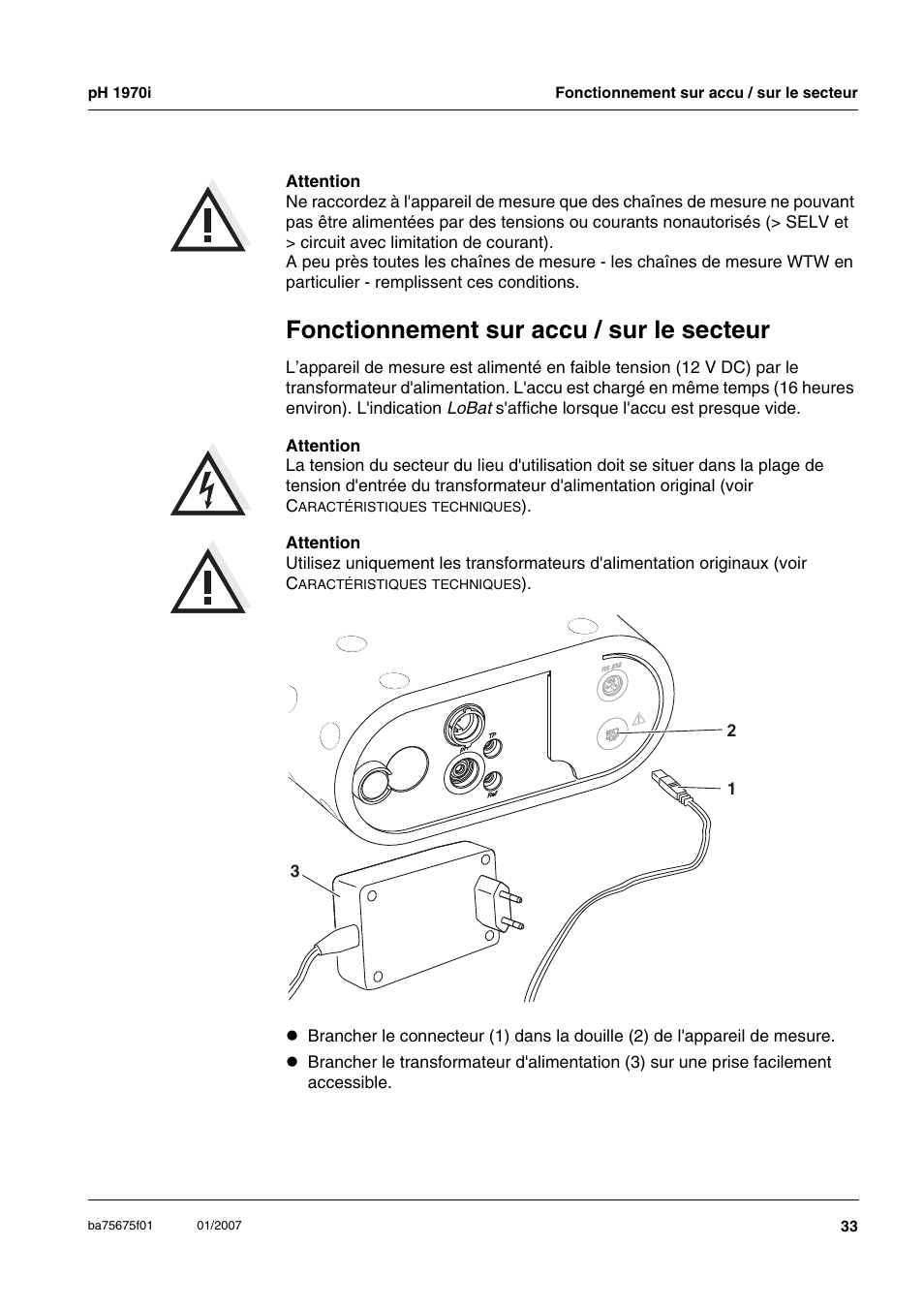 Fonctionnement sur accu / sur le secteur | Xylem PH1970i PORTABLE PH METER User Manual | Page 33 / 60