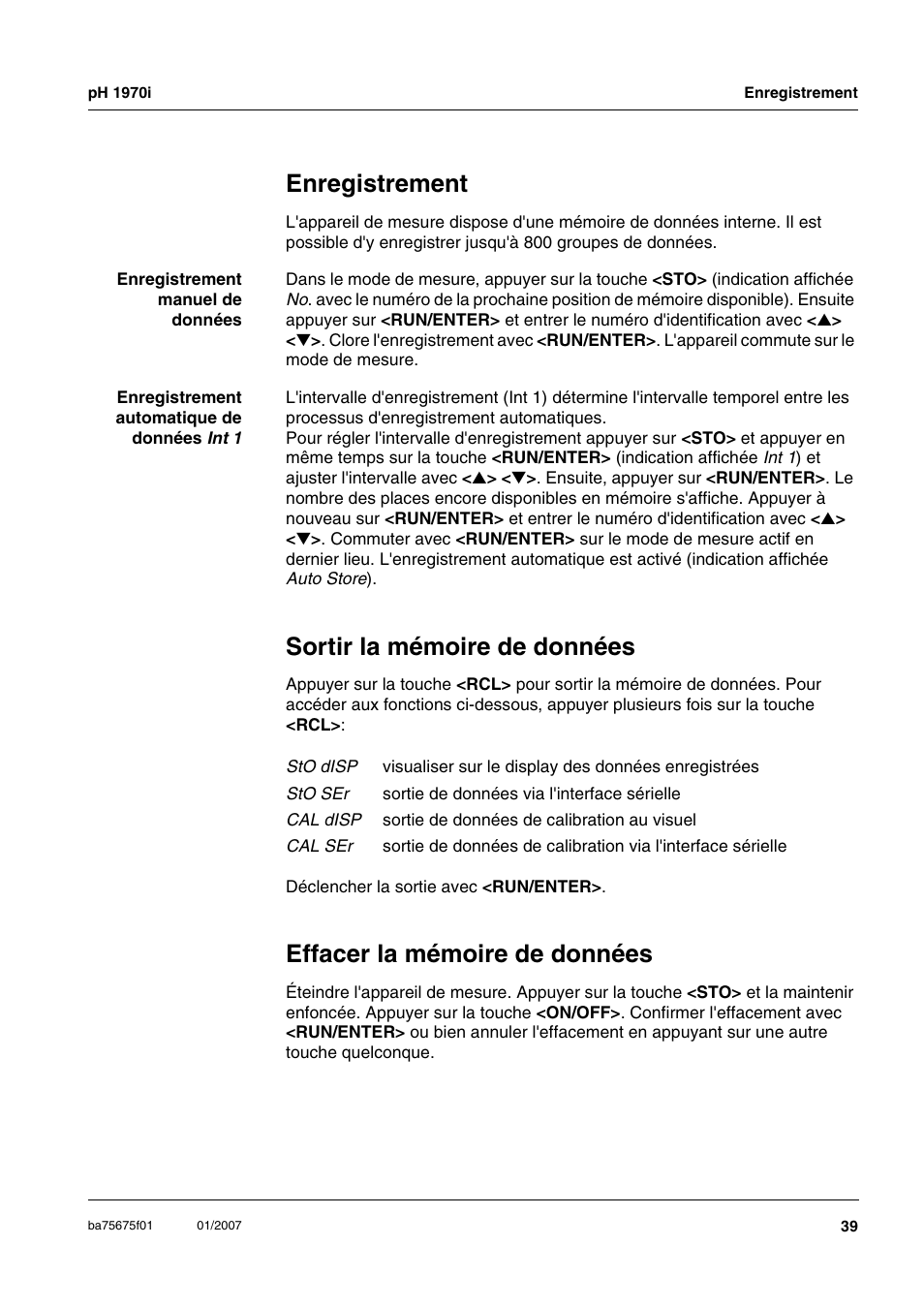 Enregistrement, Sortir la mémoire de données, Effacer la mémoire de données | Xylem PH1970i PORTABLE PH METER User Manual | Page 39 / 60