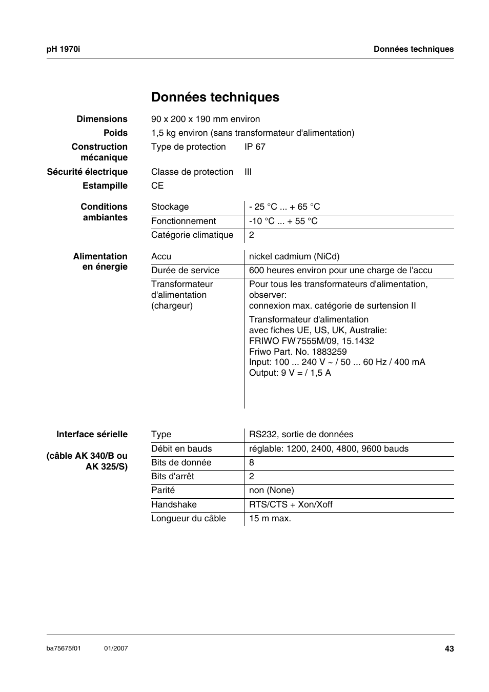 Données techniques | Xylem PH1970i PORTABLE PH METER User Manual | Page 43 / 60