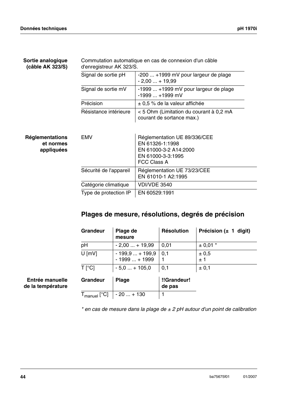 Plages de mesure, résolutions, degrés de précision | Xylem PH1970i PORTABLE PH METER User Manual | Page 44 / 60