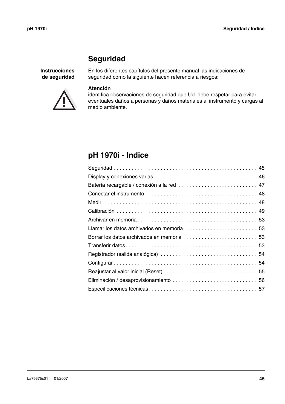 Ph 1970i - indice, Seguridad | Xylem PH1970i PORTABLE PH METER User Manual | Page 45 / 60