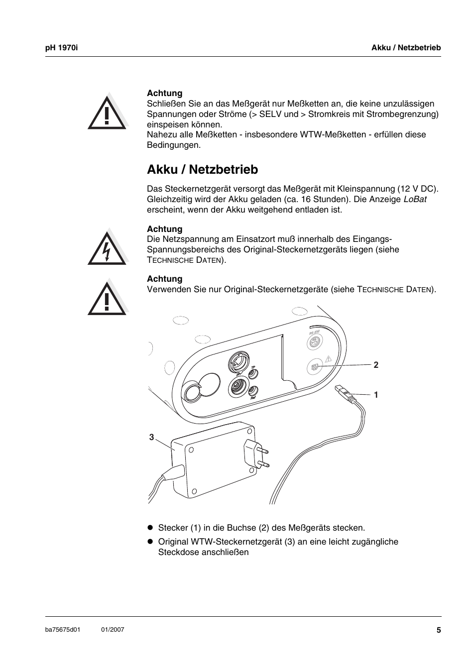 Akku / netzbetrieb | Xylem PH1970i PORTABLE PH METER User Manual | Page 5 / 60