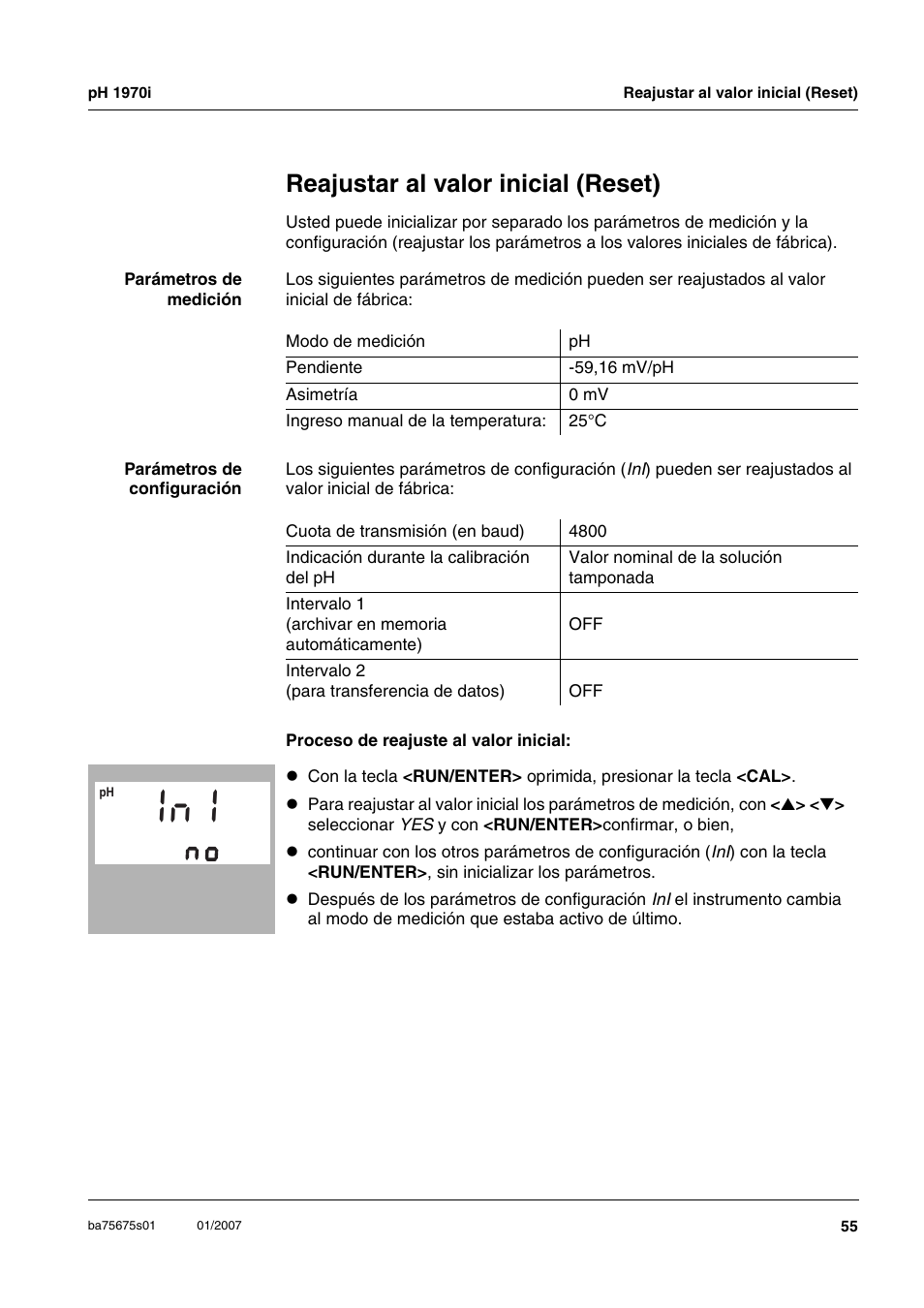 Reajustar al valor inicial (reset) | Xylem PH1970i PORTABLE PH METER User Manual | Page 55 / 60