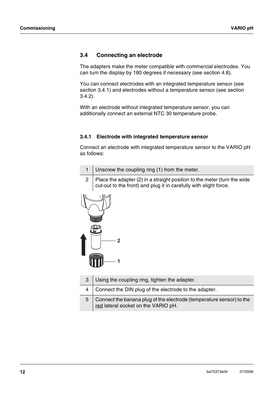4 connecting an electrode, 1 electrode with integrated temperature sensor, Connecting an electrode 3.4.1 | Electrode with integrated temperature sensor, Ion 3.4), Section 3.4) | Xylem VARIO WATERPROOF PH METER User Manual | Page 12 / 55