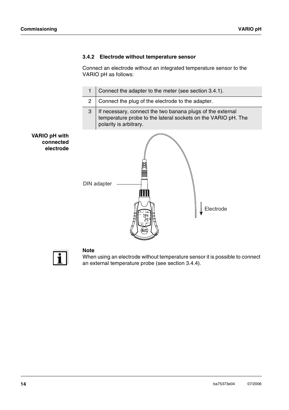 2 electrode without temperature sensor, Electrode without temperature sensor, Electrode din adapter | Xylem VARIO WATERPROOF PH METER User Manual | Page 14 / 55