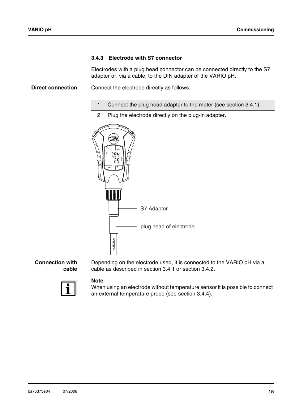 3 electrode with s7 connector, Electrode with s7 connector, S7 adaptor plug head of electrode | Vario ph commissioning 15 | Xylem VARIO WATERPROOF PH METER User Manual | Page 15 / 55