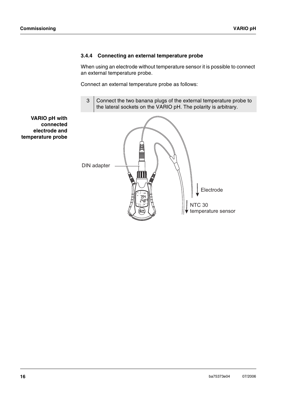 4 connecting an external temperature probe, Connecting an external temperature probe, Ee section 3.4.4) | Xylem VARIO WATERPROOF PH METER User Manual | Page 16 / 55