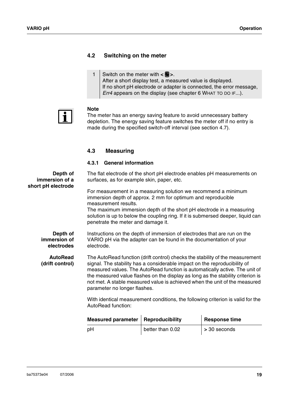 2 switching on the meter, 3 measuring, 1 general information | Switching on the meter, Measuring 4.3.1, General information, Ee section 4.2) | Xylem VARIO WATERPROOF PH METER User Manual | Page 19 / 55