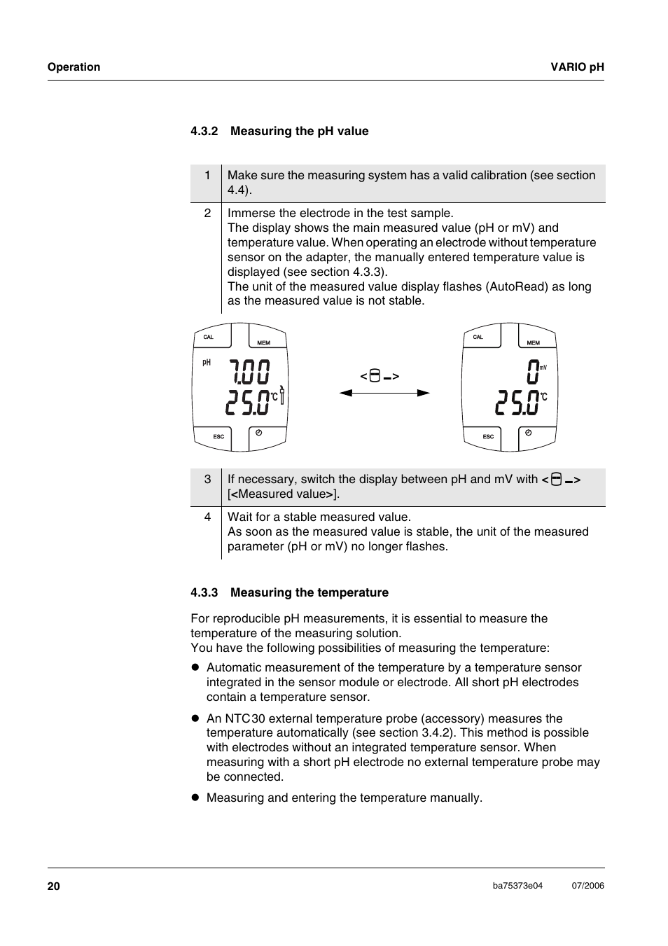 2 measuring the ph value, 3 measuring the temperature, Measuring the ph value | Measuring the temperature | Xylem VARIO WATERPROOF PH METER User Manual | Page 20 / 55