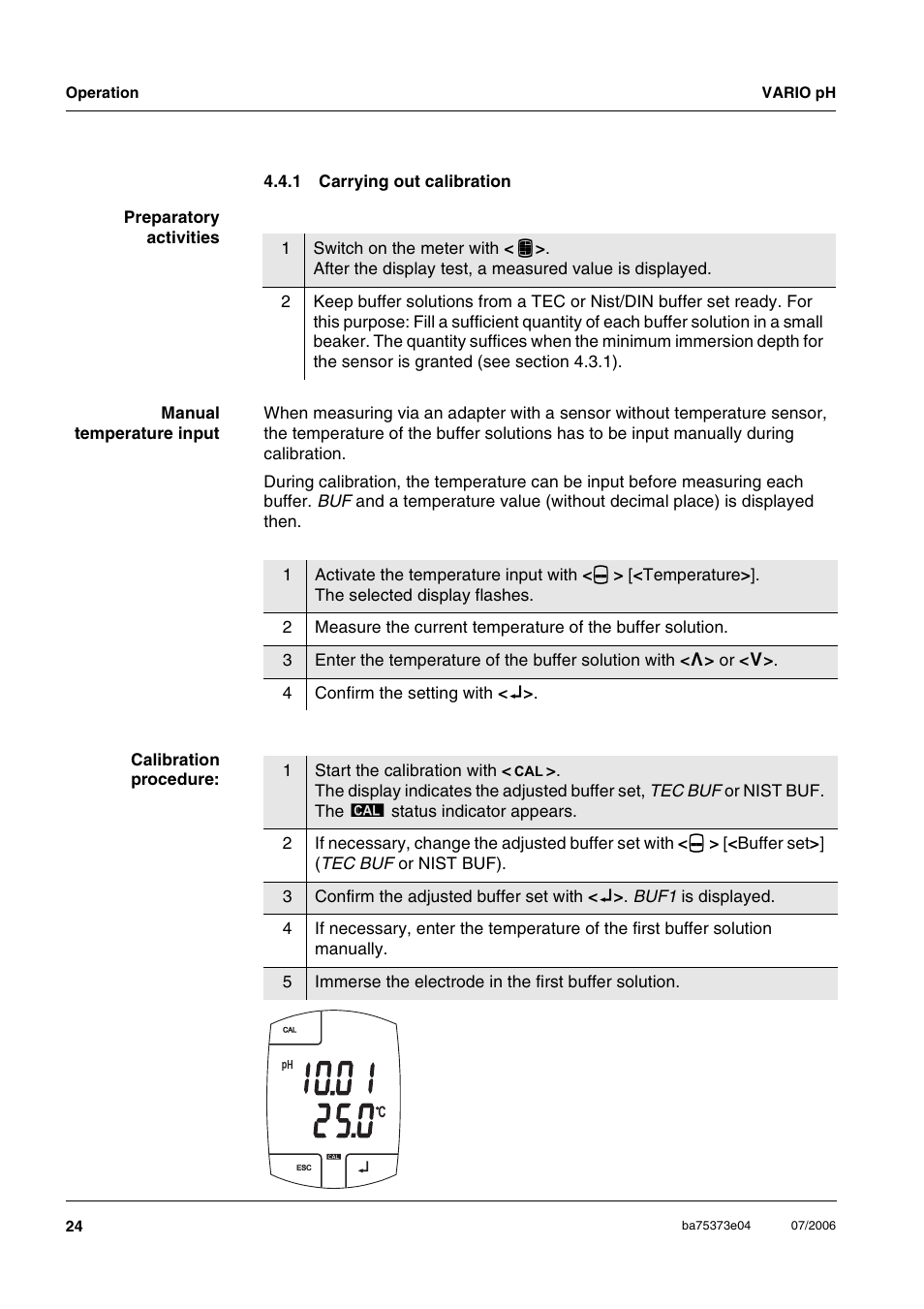 1 carrying out calibration, Carrying out calibration | Xylem VARIO WATERPROOF PH METER User Manual | Page 24 / 55