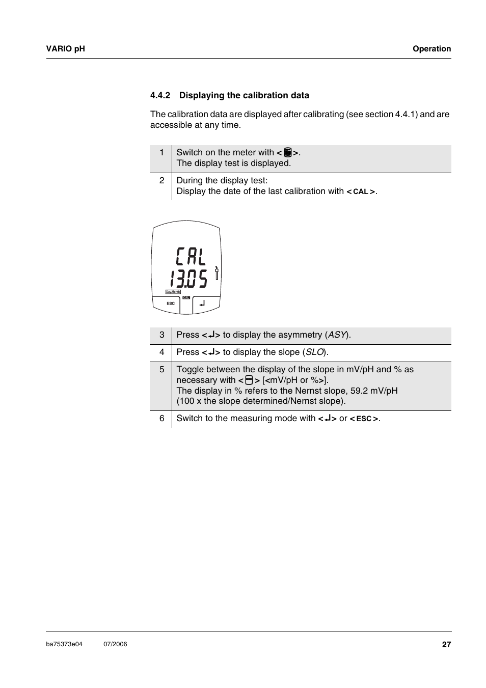 2 displaying the calibration data, Displaying the calibration data, C a l 5 3 0 | Xylem VARIO WATERPROOF PH METER User Manual | Page 27 / 55