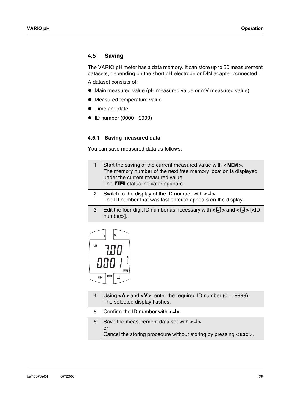 5 saving, 1 saving measured data, Saving 4.5.1 | Saving measured data | Xylem VARIO WATERPROOF PH METER User Manual | Page 29 / 55