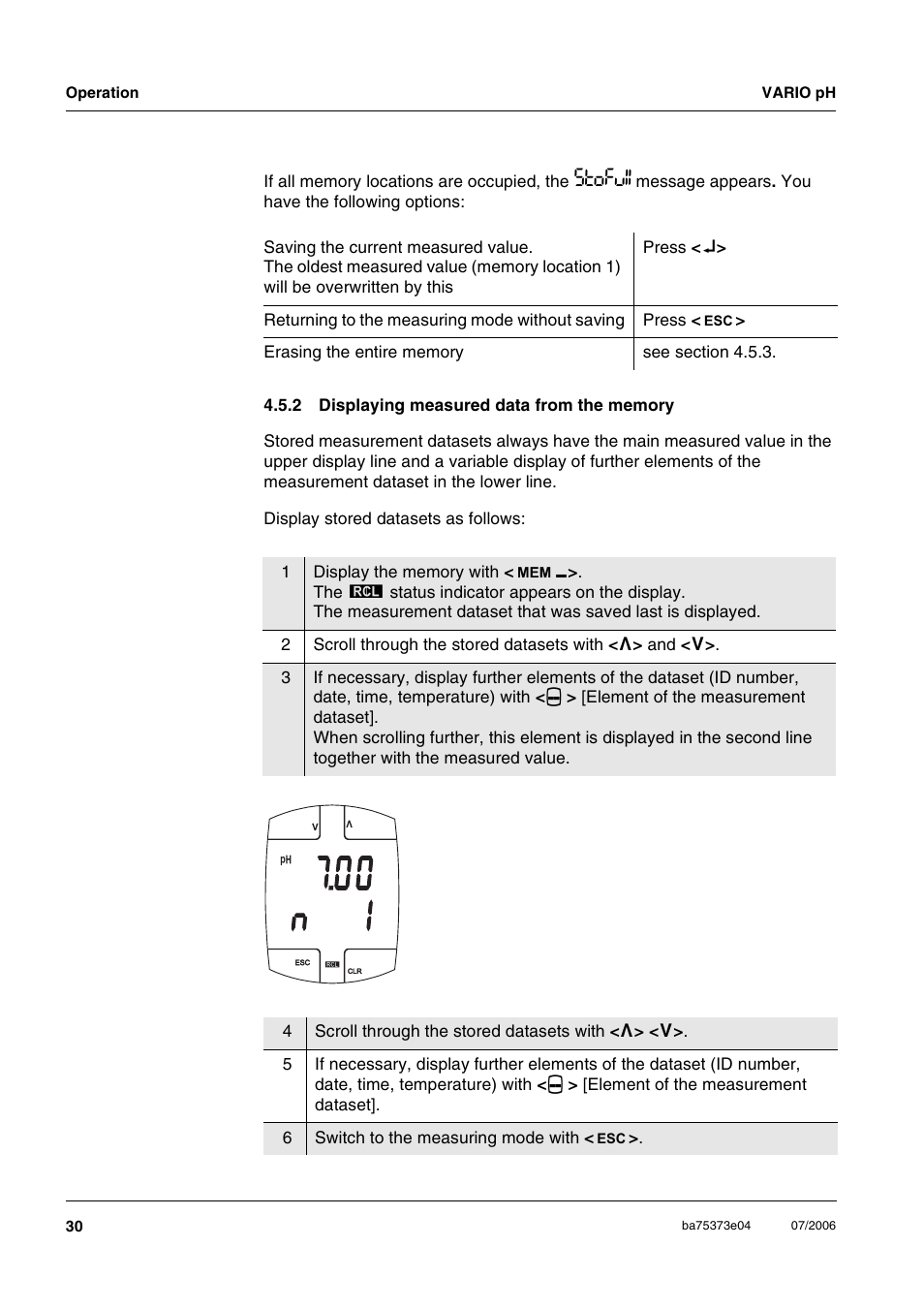 2 displaying measured data from the memory, Displaying measured data from the memory, 7 0 0 1 n | Xylem VARIO WATERPROOF PH METER User Manual | Page 30 / 55