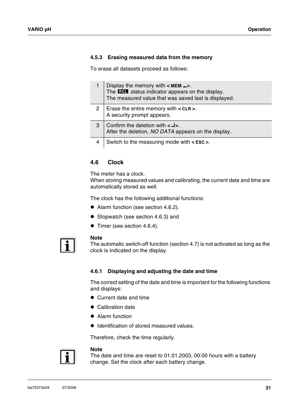 3 erasing measured data from the memory, 6 clock, 1 displaying and adjusting the date and time | Erasing measured data from the memory, Clock 4.6.1, Displaying and adjusting the date and time, Section 4.6.1) | Xylem VARIO WATERPROOF PH METER User Manual | Page 31 / 55