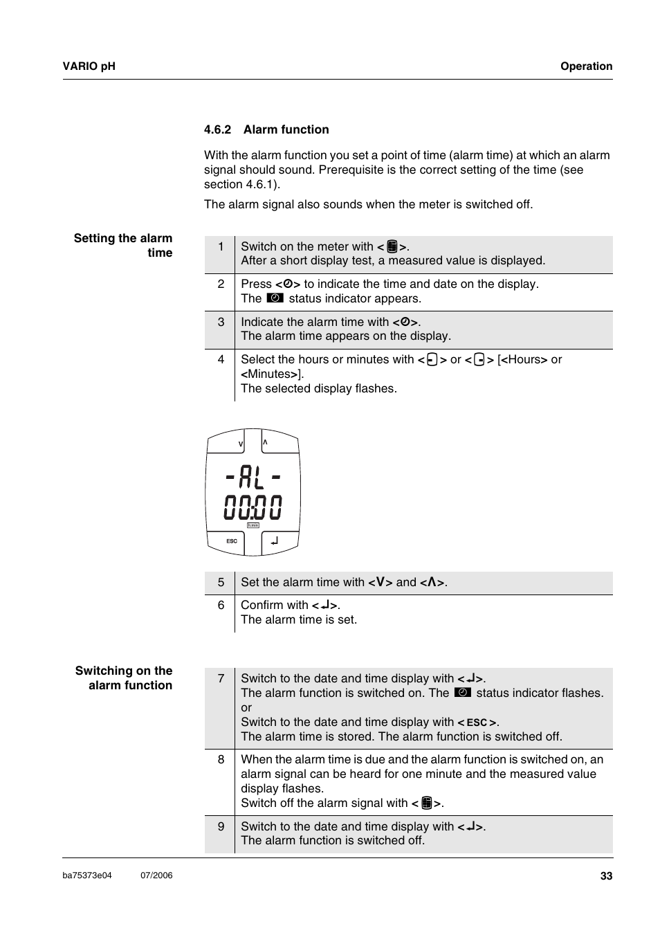 2 alarm function, Alarm function, Section 4.6.2 | A l - 0 0 | Xylem VARIO WATERPROOF PH METER User Manual | Page 33 / 55