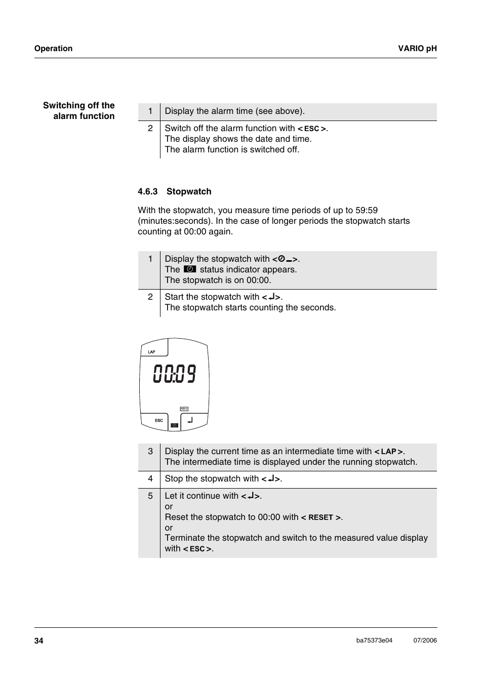 3 stopwatch, Stopwatch, Section 4.6.3) | Xylem VARIO WATERPROOF PH METER User Manual | Page 34 / 55
