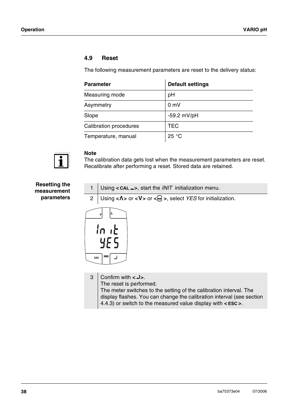 9 reset, Reset | Xylem VARIO WATERPROOF PH METER User Manual | Page 38 / 55